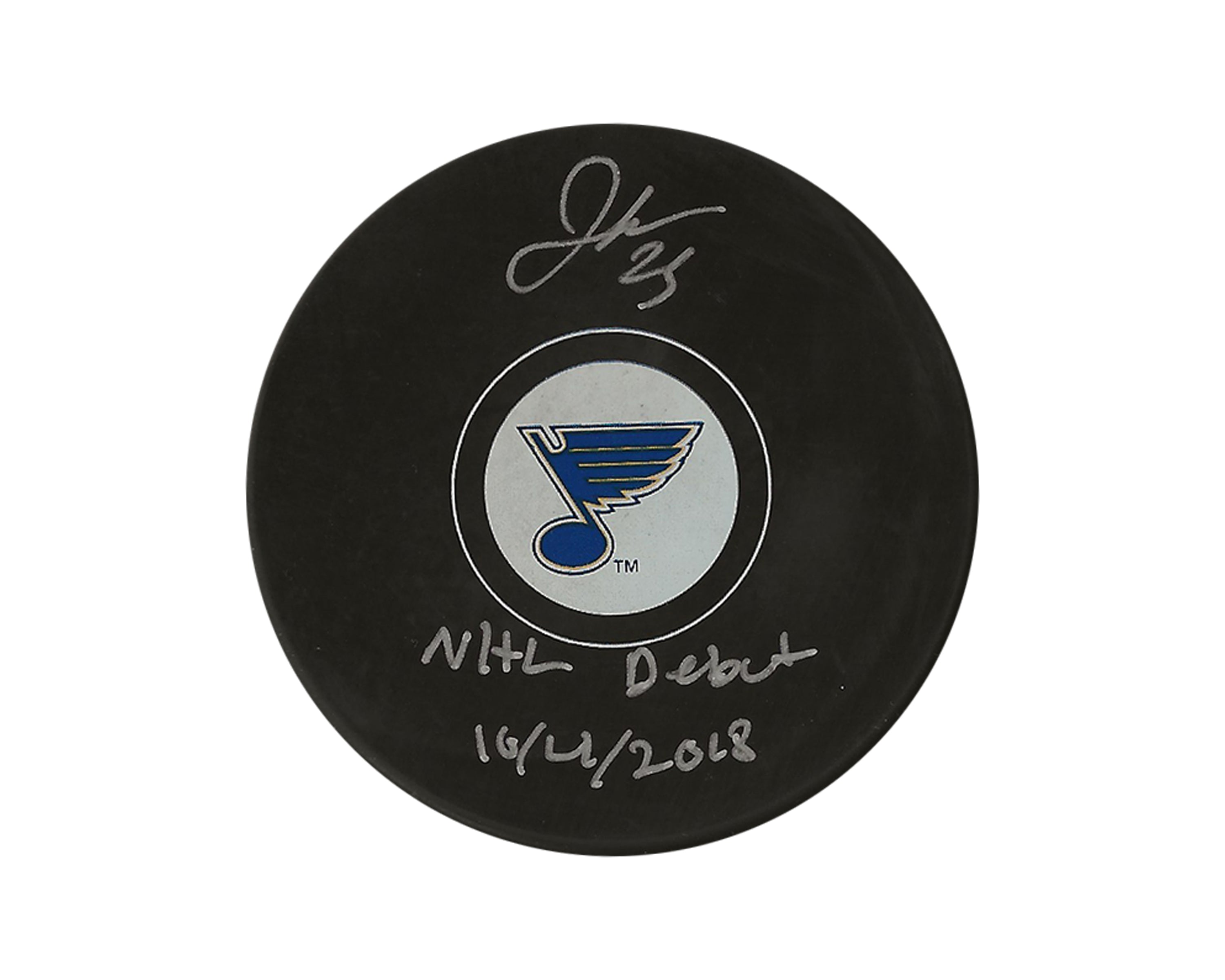 Jordan Kyrou Autographed St. Louis Blues Autograph Model Puck Inscribed "NHL Debut 10/4/2018"