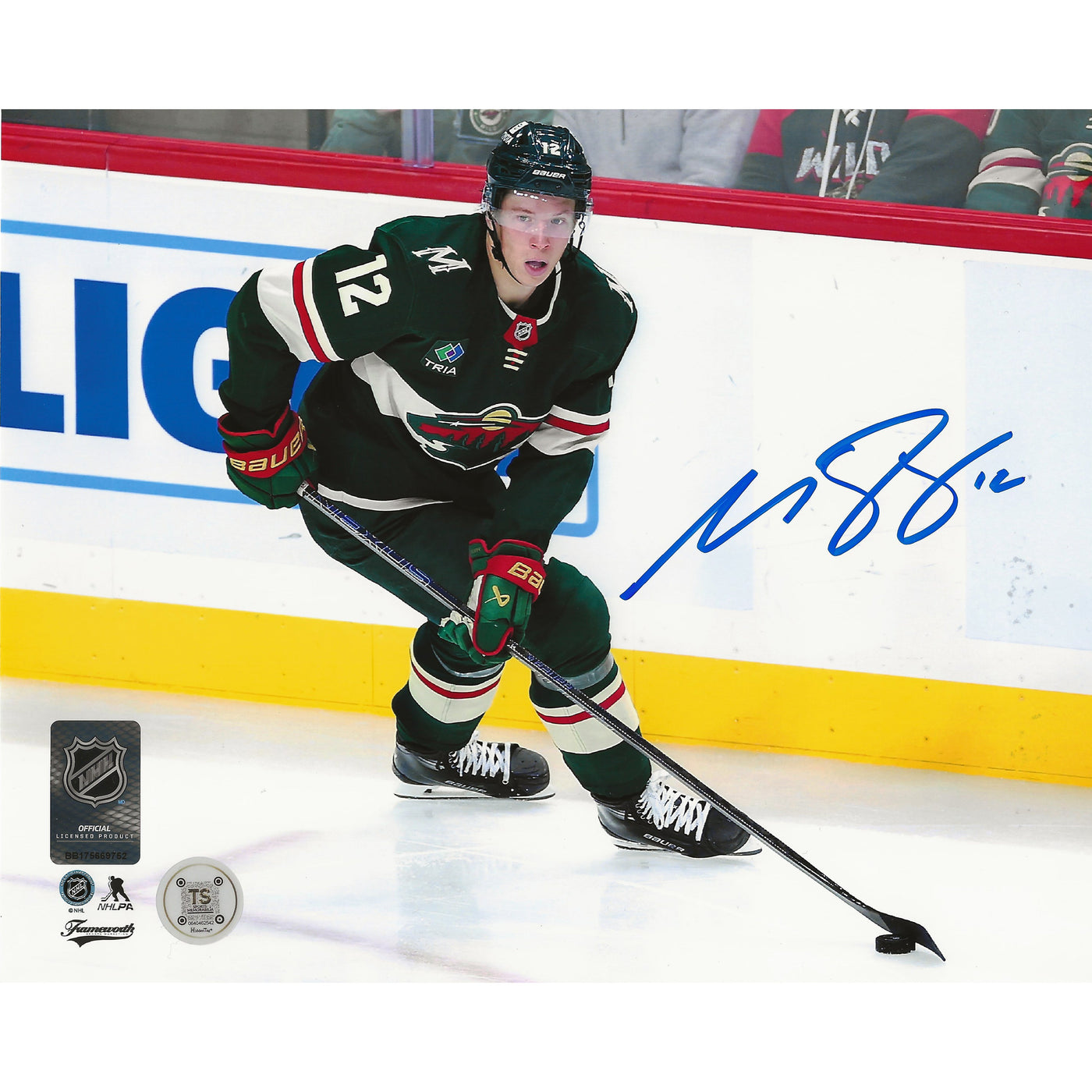 Matthew Boldy Autographed Minnesota Wild Skating w/ Puck 8x10 Photo