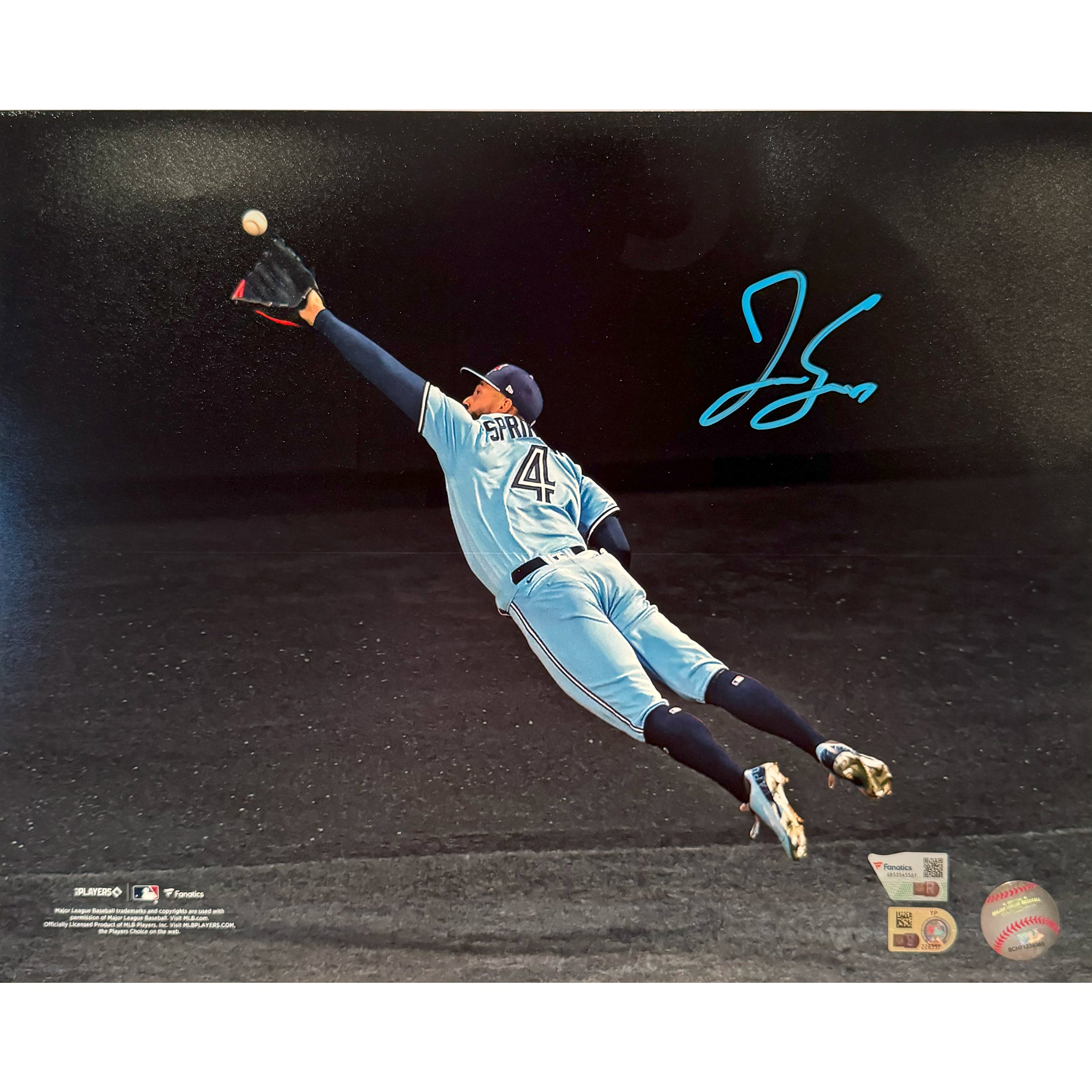 George Springer Autographed Toronto Blue Jays Spotlight Diving Catch 11x14 Photo