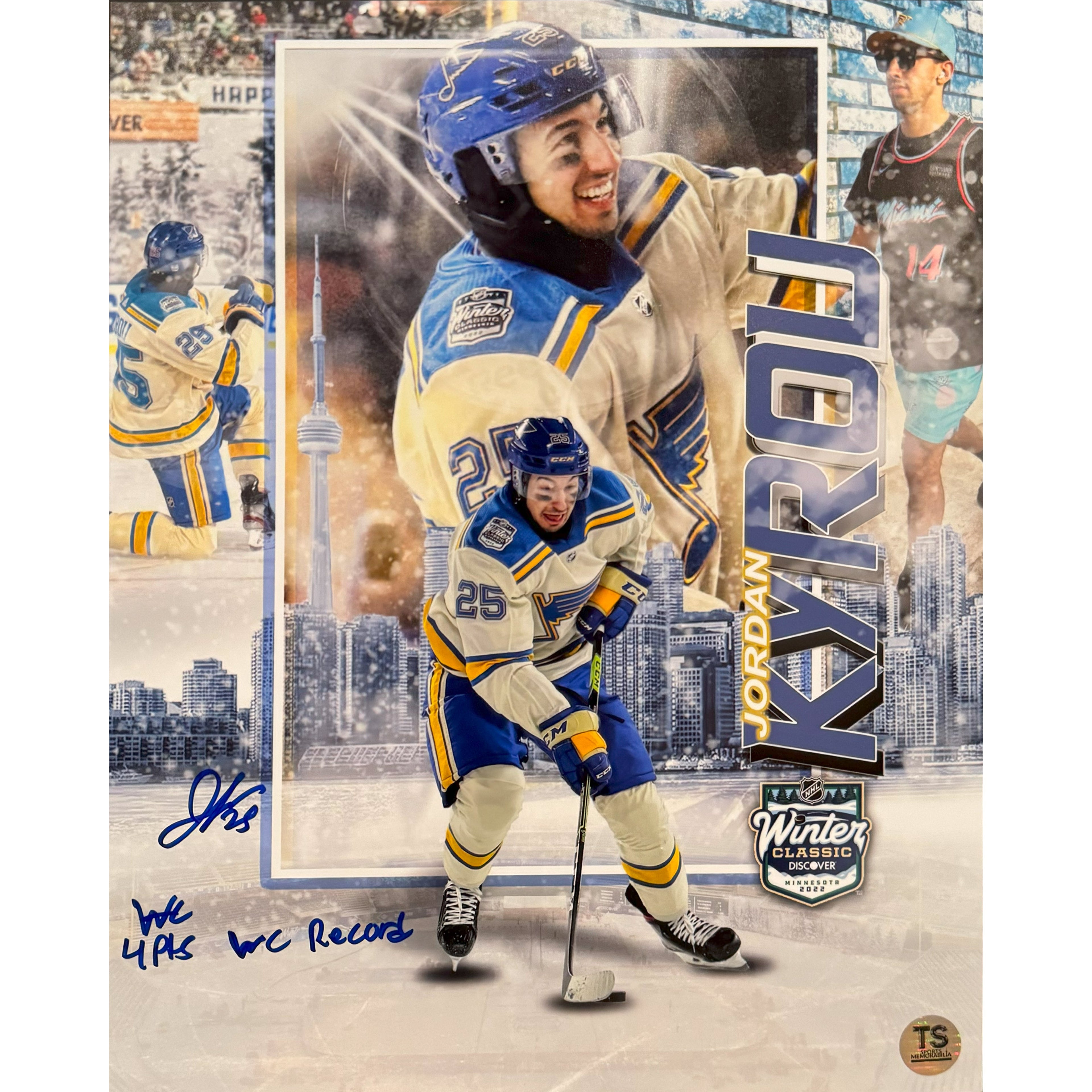Jordan Kyrou Autographed St. Louis Blues 2022 Winter Classic Artwork 11x14 Photo Inscribed "4Pts WC Record" *As Is*