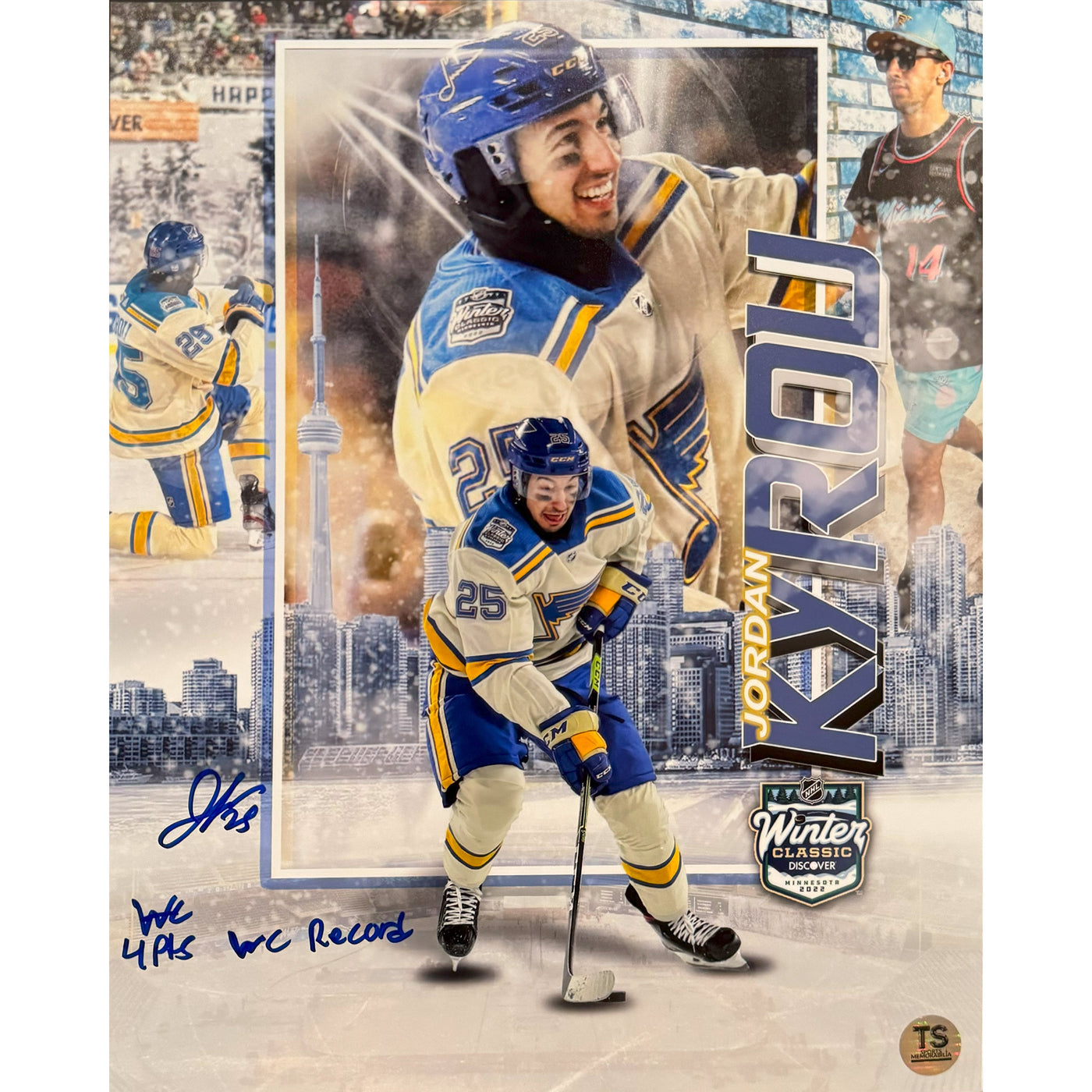 Jordan Kyrou Autographed St. Louis Blues 2022 Winter Classic Artwork 11x14 Photo Inscribed "4Pts WC Record" *As Is*