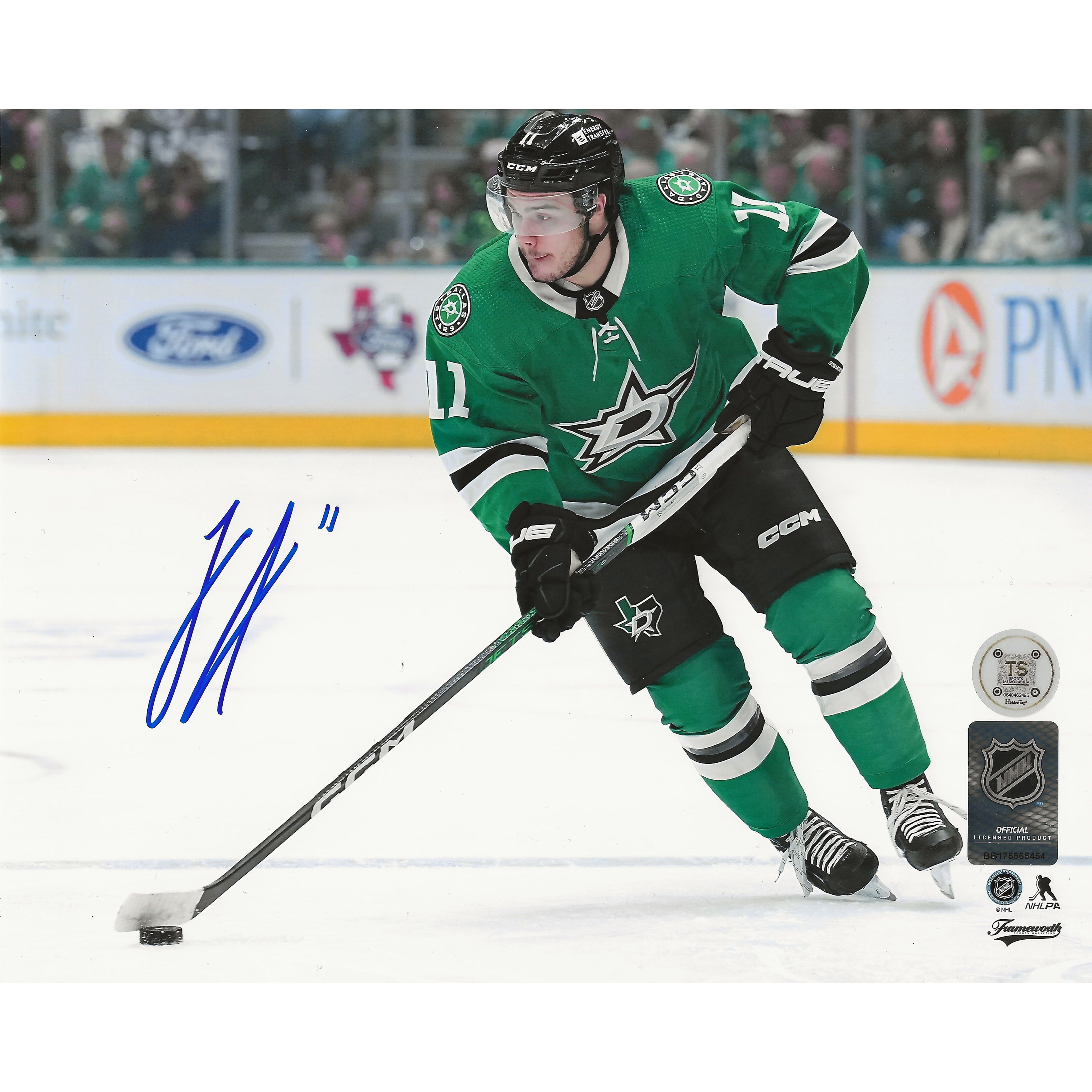 Logan Stankoven Autographed Dallas Stars Skating with Puck 8x10 Photo