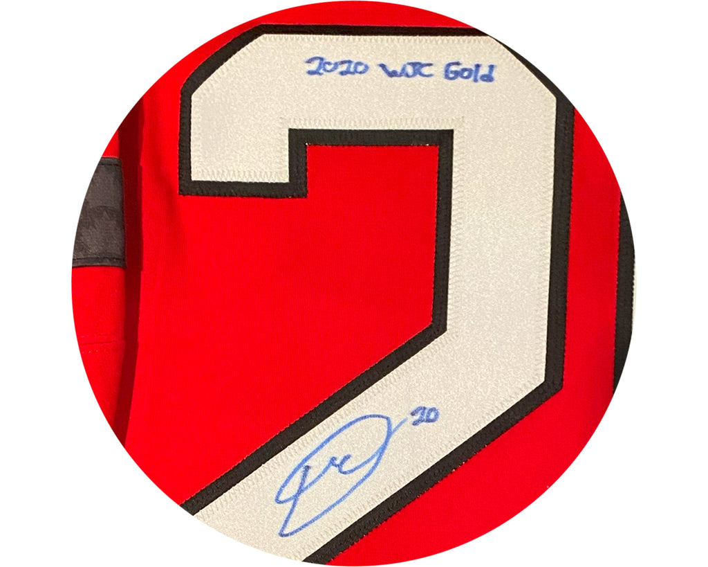 Dawson Mercer Autographed Team Canada Home Red Nike Jersey Inscribed "2020 WJC Gold"