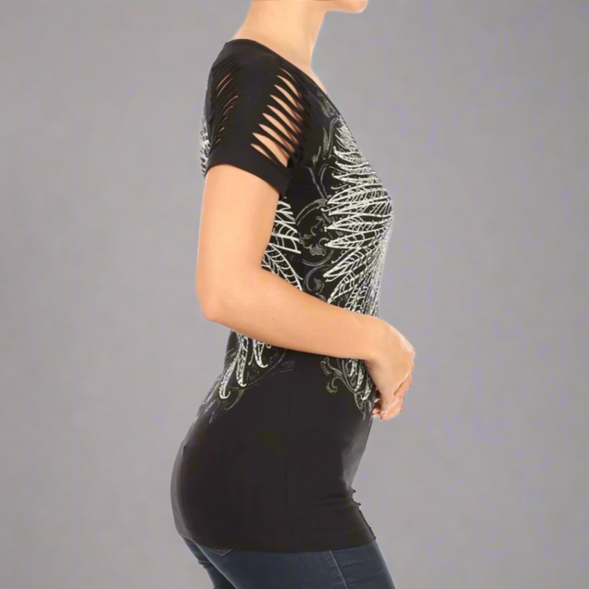 Women's Rhinestone Angel Wing Raglan Top