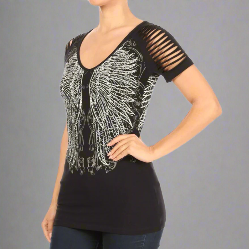 Women's Rhinestone Angel Wing Raglan Top