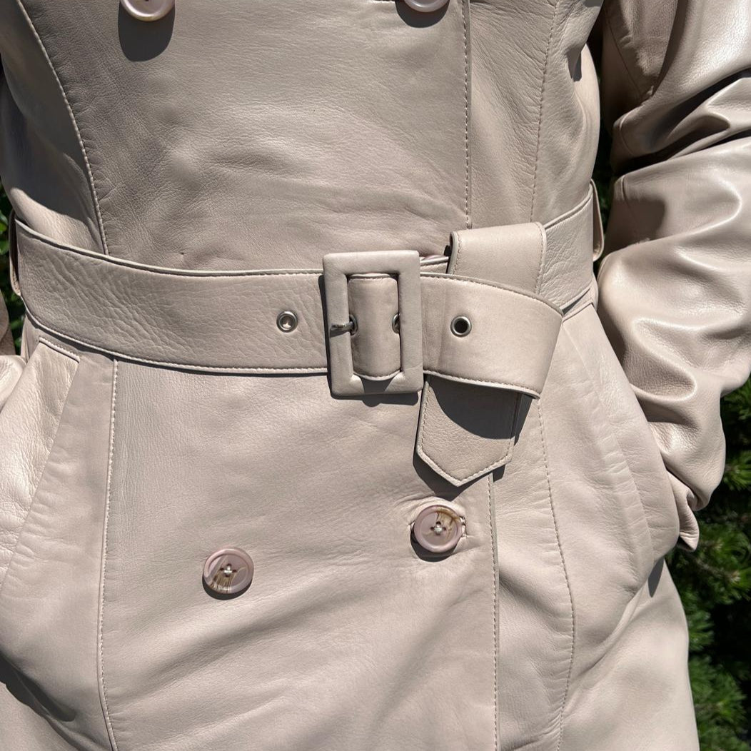 Women's Classic Leather Trench Coat. Double-Breasted Button Closure with Adjustable Belt