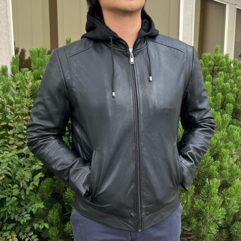 Men's Lamb Leather Hoodie Jacket with Detachable Hood
