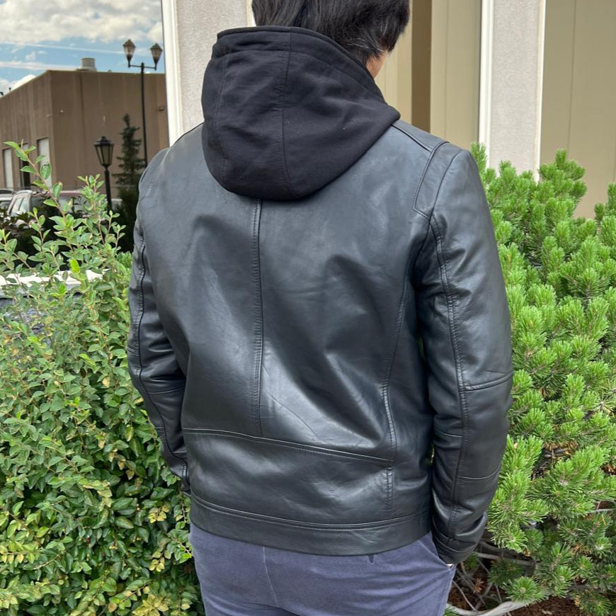 Men's Lamb Leather Hoodie Jacket with Detachable Hood