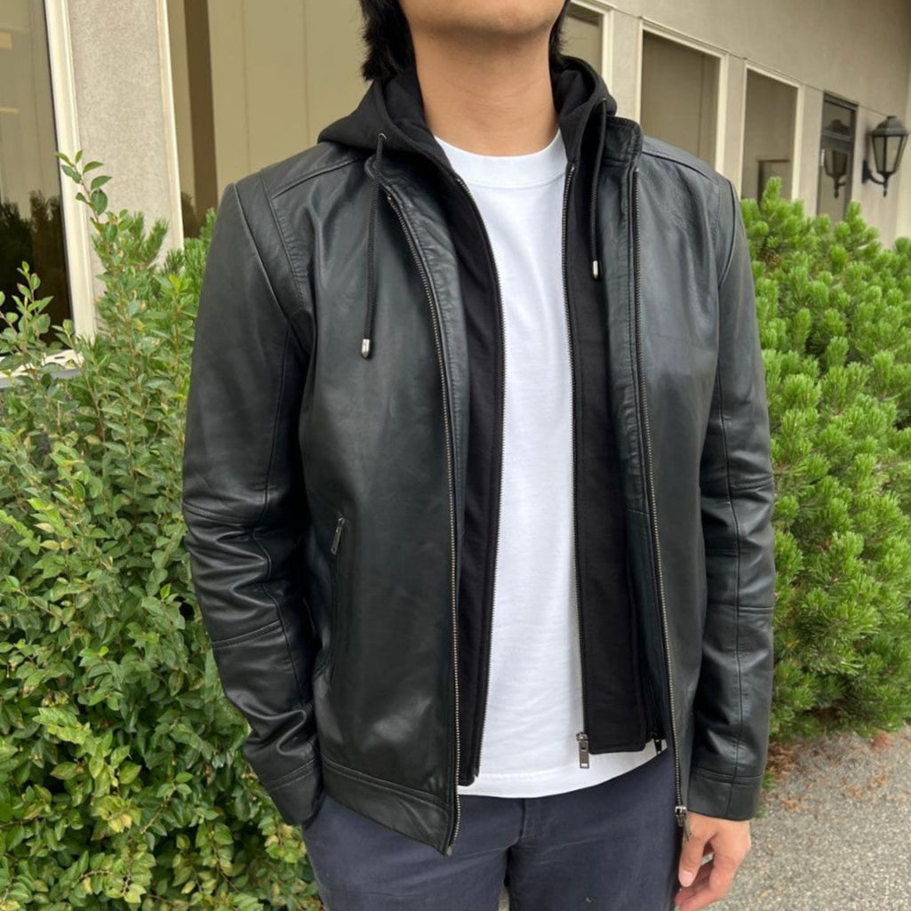 Men's Lamb Leather Hoodie Jacket with Detachable Hood