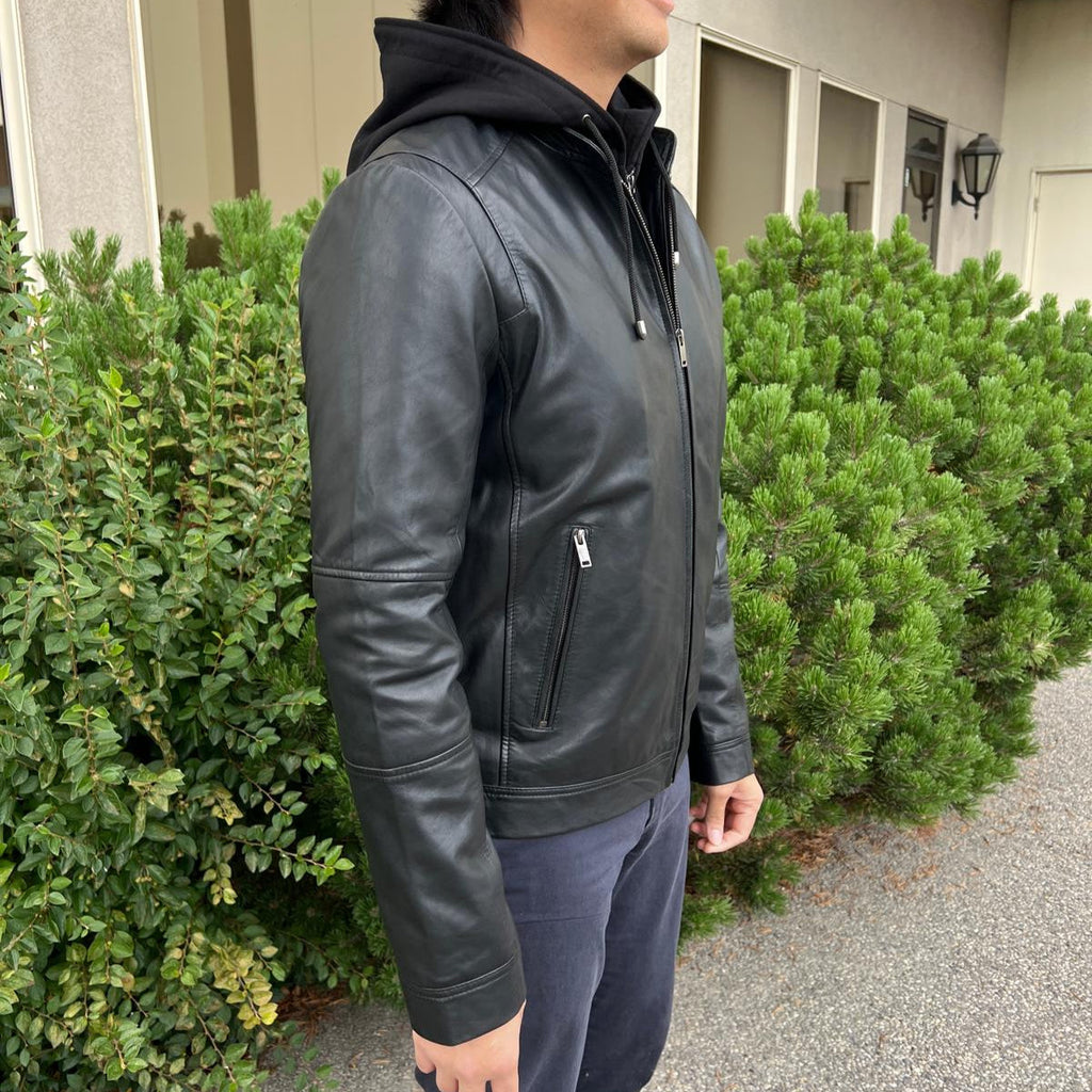 Men's Lamb Leather Hoodie Jacket with Detachable Hood