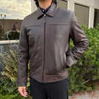 Men's Lamb Leather Jacket. Brown Classic Fit with Full Zip & Side Pockets