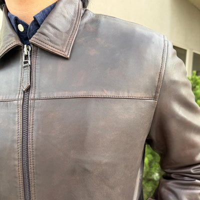 Men's Lamb Leather Jacket. Brown Classic Fit with Full Zip & Side Pockets