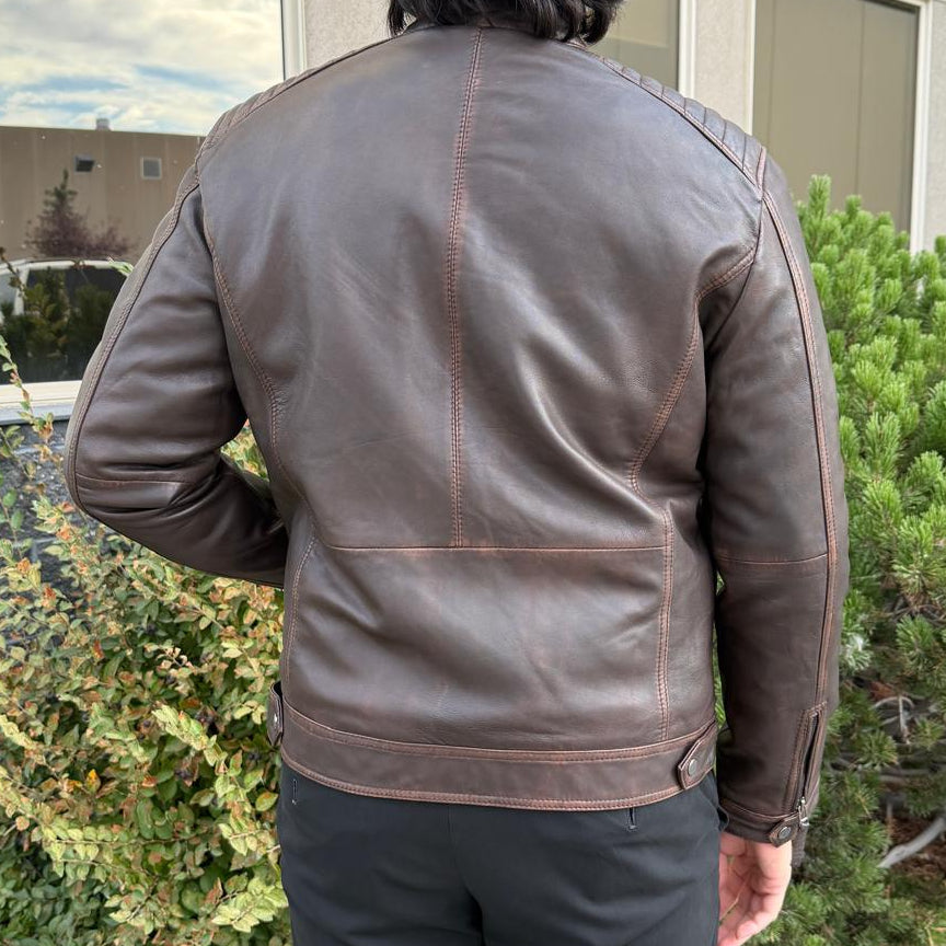 Men's Lamb Leather Jacket. Brown Vintage Style with Zip Pockets