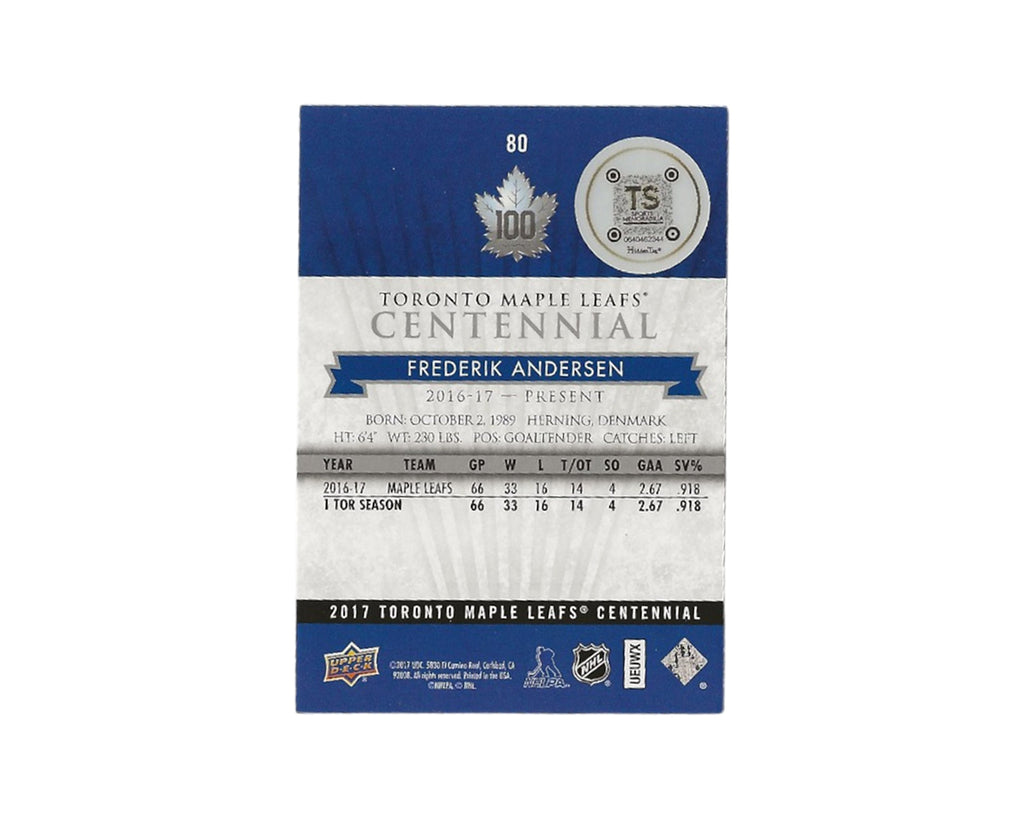 Frederik Andersen Autographed 2017 Upper Deck Toronto Maple Leafs Centennial #80 Hockey Card