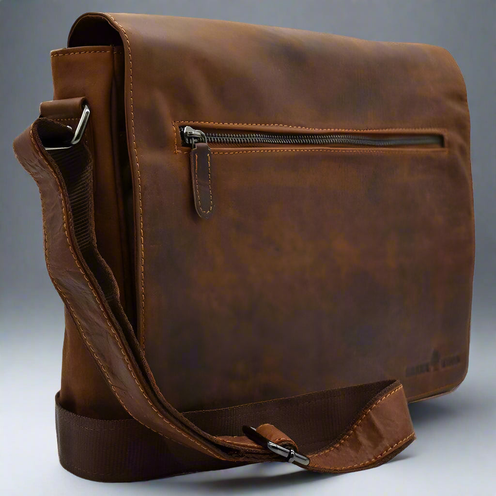 Greenwood Leather Laptop Bag. Premium Waxed Pull-Up Leather Messenger Bag