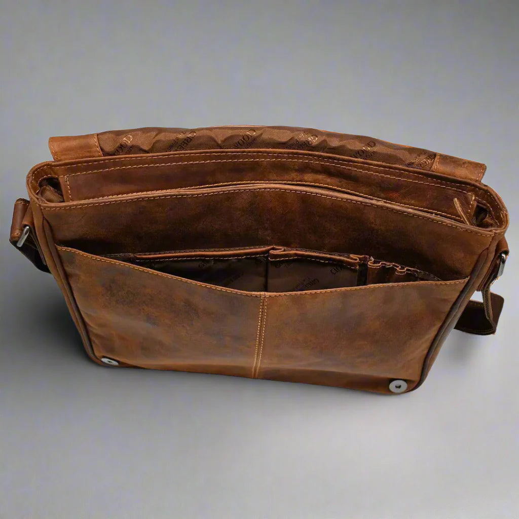 Greenwood Leather Laptop Bag. Premium Waxed Pull-Up Leather Messenger Bag
