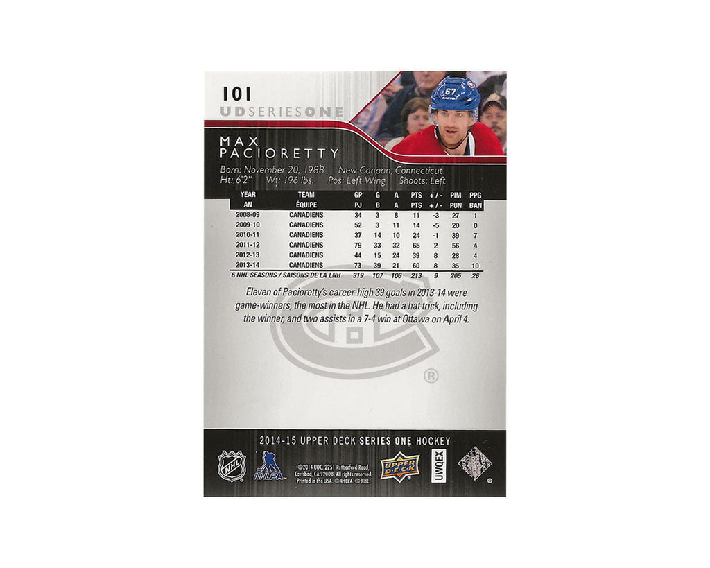 Max Pacioretty Autographed 2014-15 Upper Deck Series 1 #101 Hockey Card